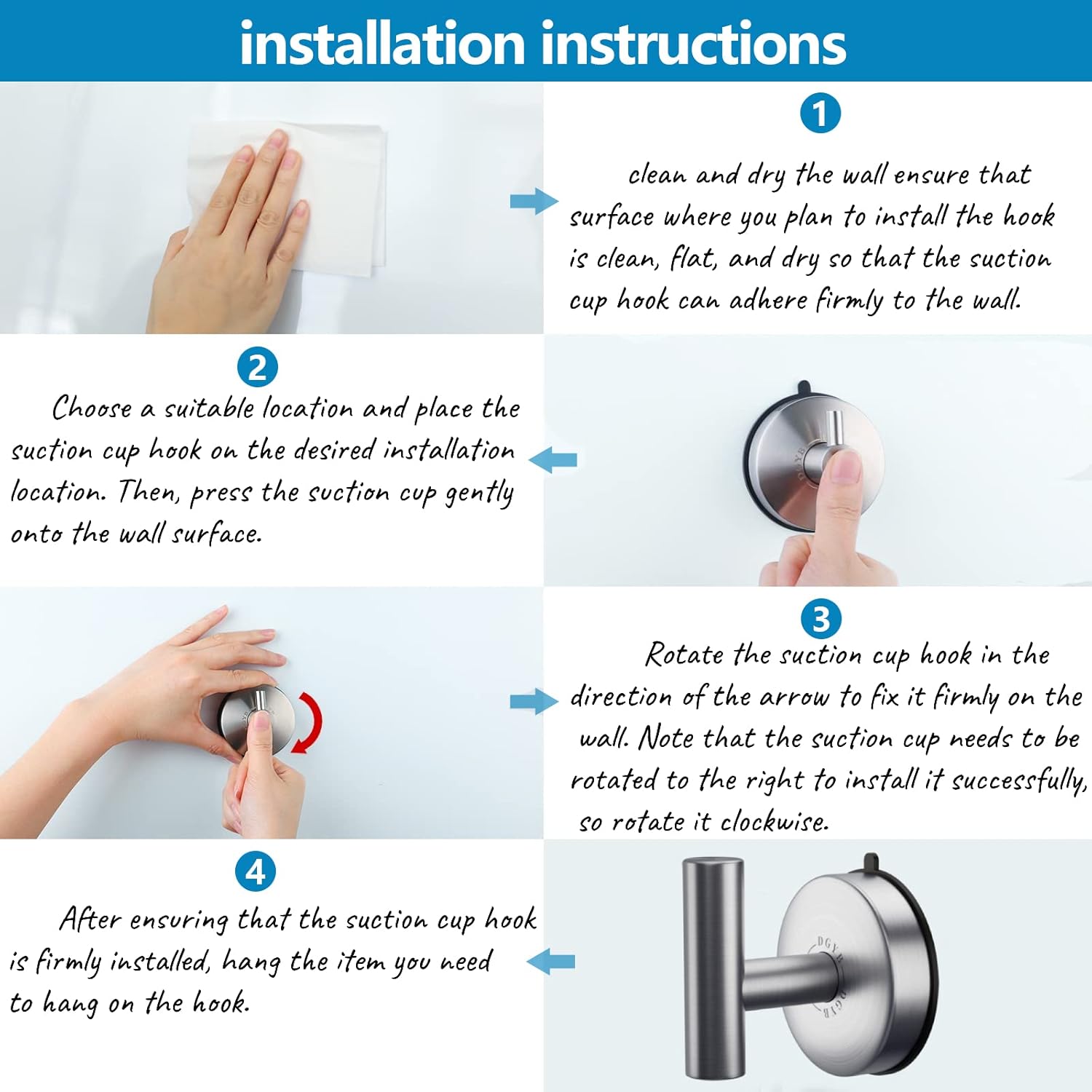 DGYB Large Suction Cup Hooks for Shower Set of 4 - Brushed Nickel Towel Hooks for Bathrooms - Stainless Steel Removable Wall Hooks - 15 Lb Heavy Duty Hanging