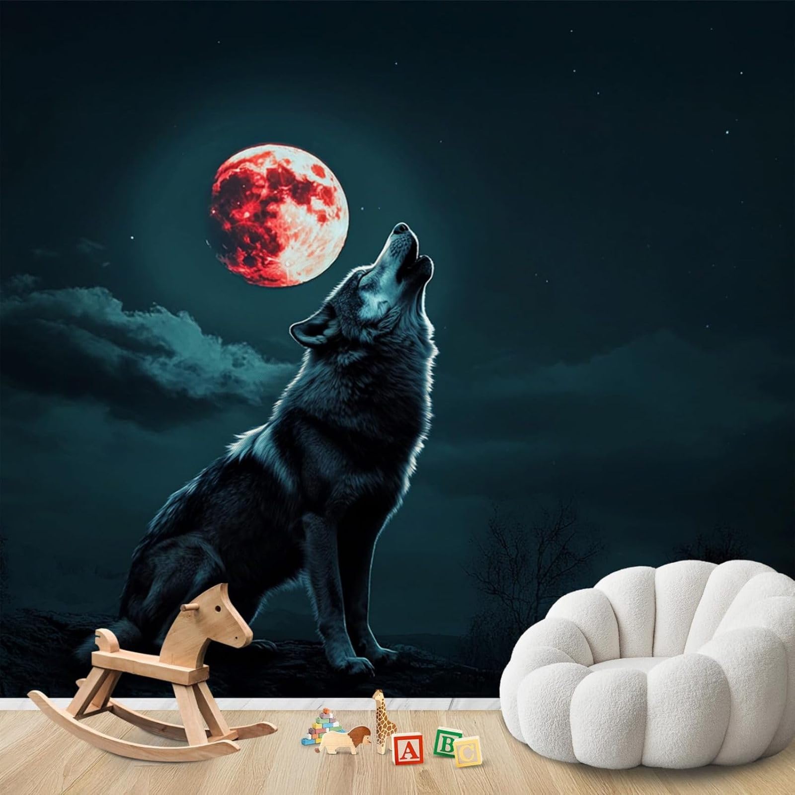 Hgjdjhnf 3D Mural Photo Mural - Wallpaper Howling Wolf Full Moon Mystical Animal Motif Modern Wall Living Room Bedroom Children's Room Wall Decoration Motif,350Cmx256cm Poster - Wall Sticker - Frameless Picture