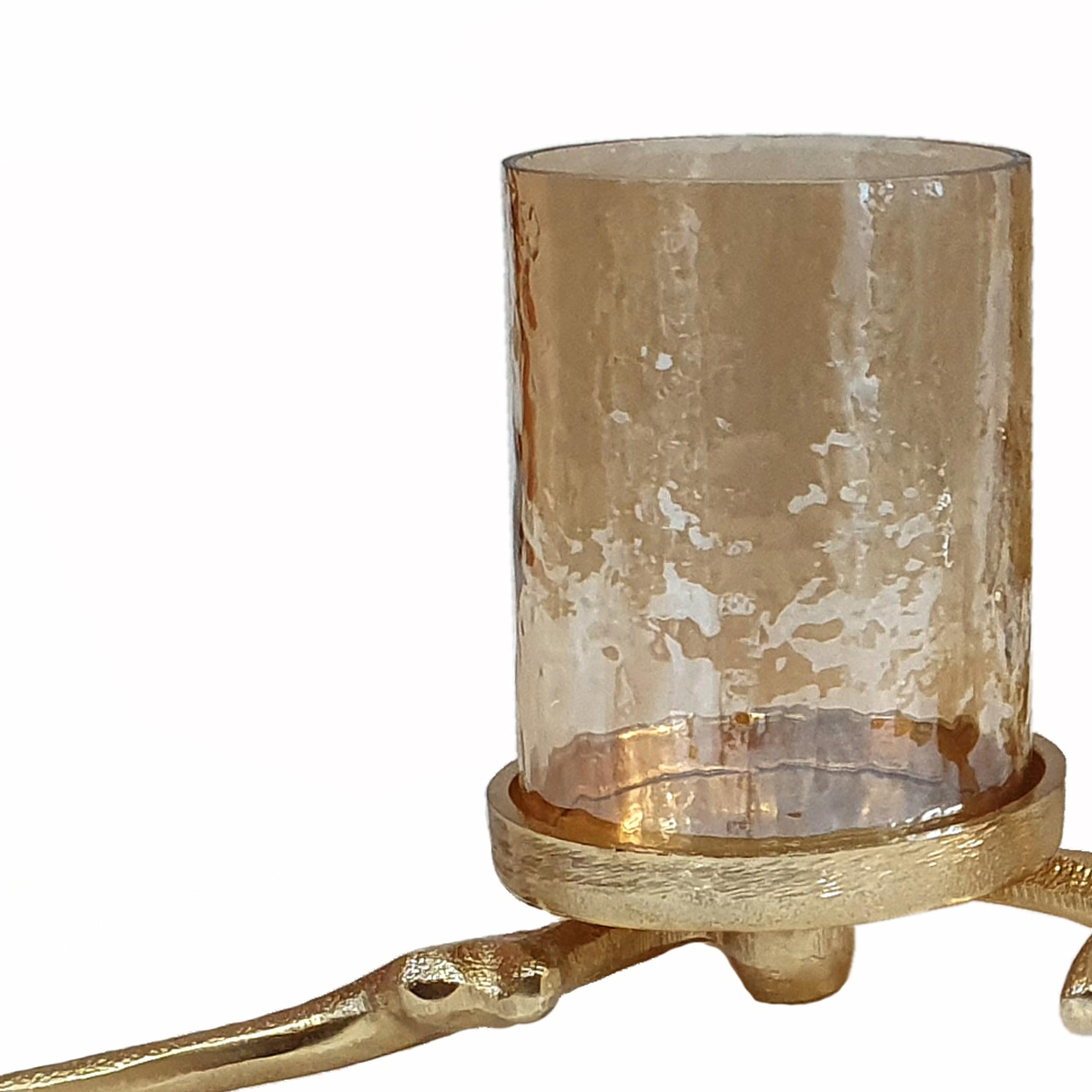 Benjara 16 Inch 3 Pillar Candle Holder, Aluminum, Accented Frosted Glass, Gold