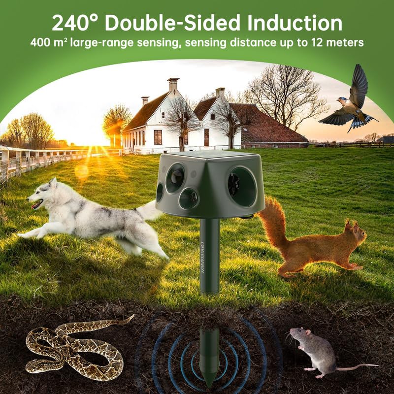 Répulsif Chat Extérieur, Repulsif Ultrason Chat, Solaire Ultrason Anti Chat Chien, Charge de Solaire, Répulsif Chat Chien Jardin pour Chats, Pigeon, Oiseaux, Renard, Rat, 3 Modes