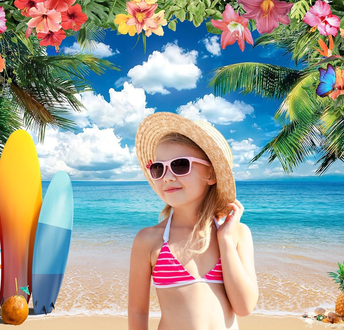 Summer Beach Backdrop for Hawaiian Party Decorations Pool Surfboard Banner for Hawaiian Themed Birthday Baby Shower Party Supplies Photography Background Photo Booth (7x5 FT) image 2