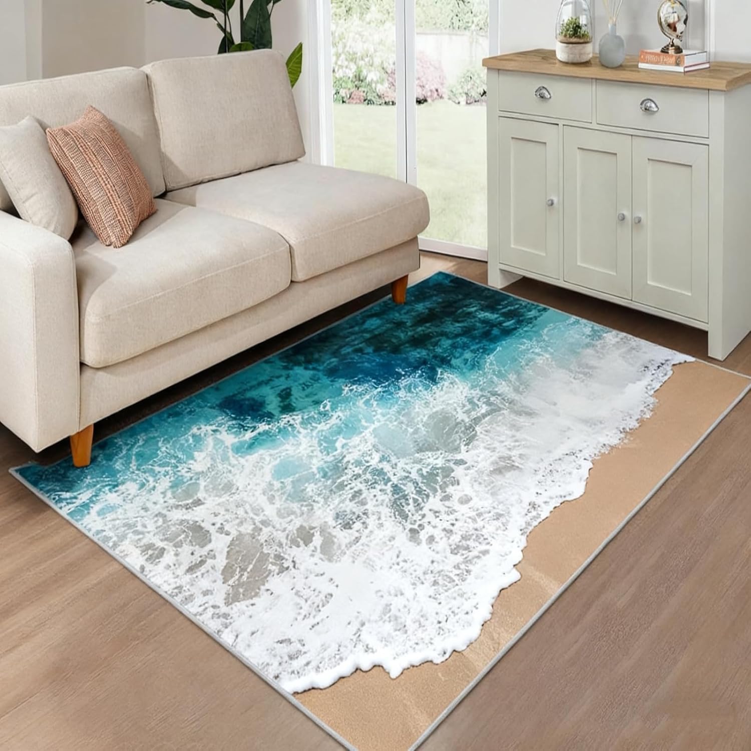 3D Visual Coastal Rugs with Ocean Beach Carpet, 3.9’x5.2' Large Blue Sea Wave Beachy Rug for Livingroom-Non-Slip Nautical Area Mats for Home Tropical Decor (Ocean)
