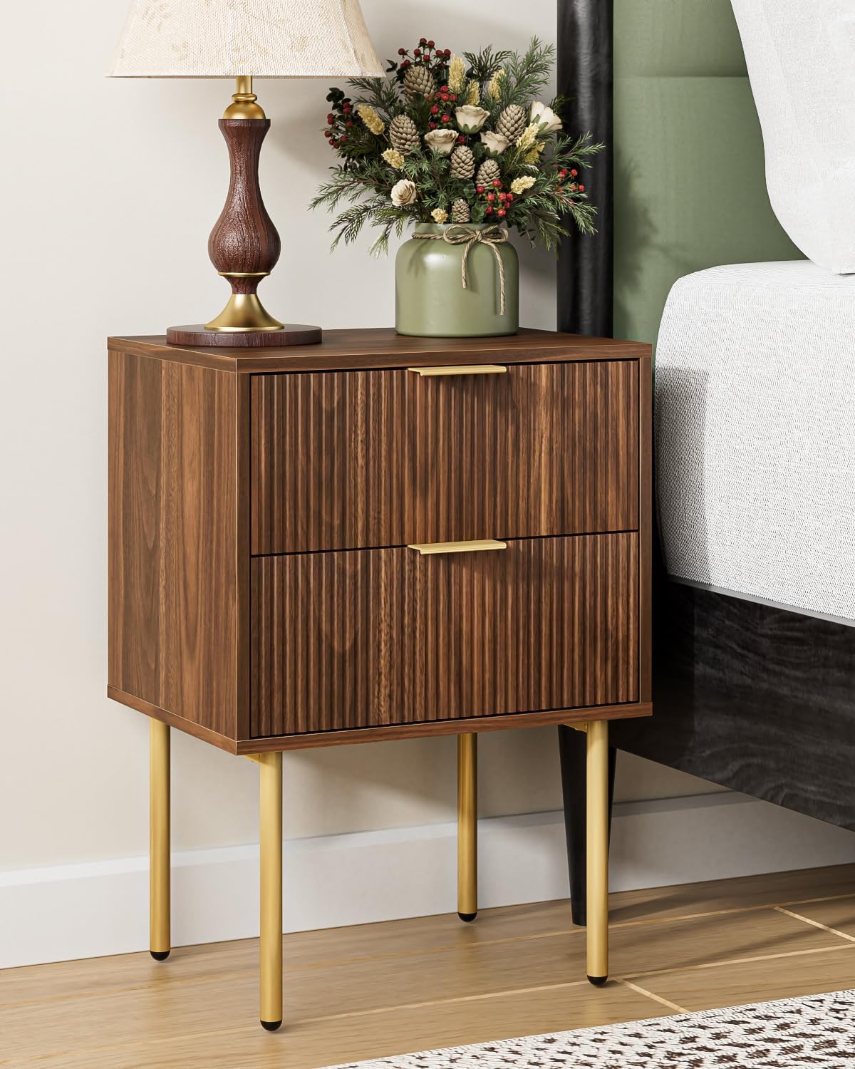 AEPOALUA Nightstand,Morden Bedside Table with Gold Frame,Small Night Stand,End Table,Bedside Furniture,Side Table with Drawer and Shelf for Bedroom,Living Room (2Drawers, Walnut Brown)