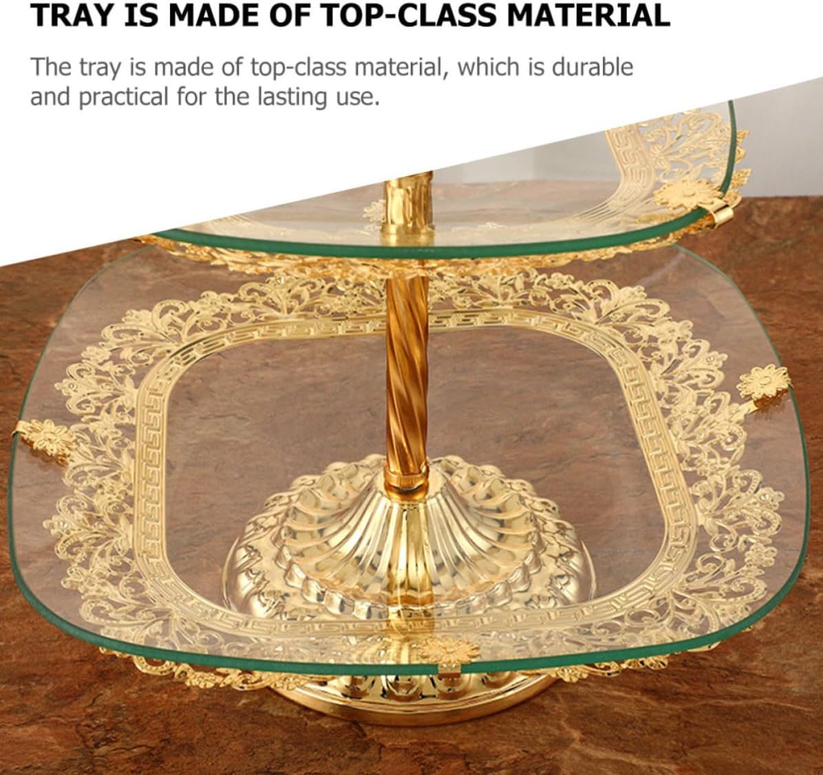 Decorative Food Storage Tray Glass Metal Double Layer Fruit Serving
