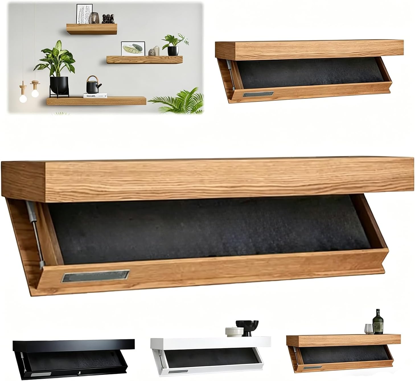 Magic Flap Hidden Shelf with Secret Compartment, Wall Mounted Floating Shelf with Concealed Storage Drawer, Hidden Compartment Shelf for Home Office Living Room (Wood)