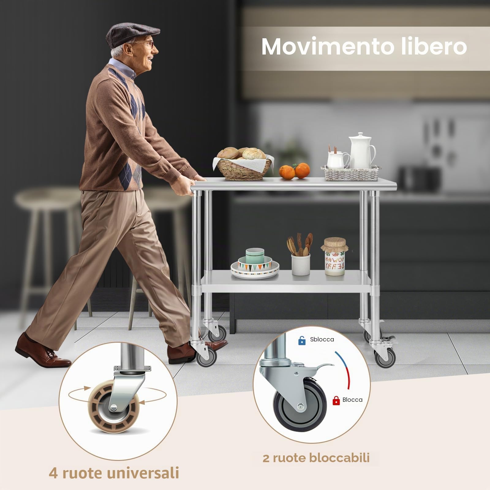 KOMFOTTEU, carrello portautensili in acciaio inox con ruote, altezza regolabile, tavolo da cucina per preparazione cibi a 2 livelli, tavolo smontabile con capacità di carico 250 kg per ristorante e