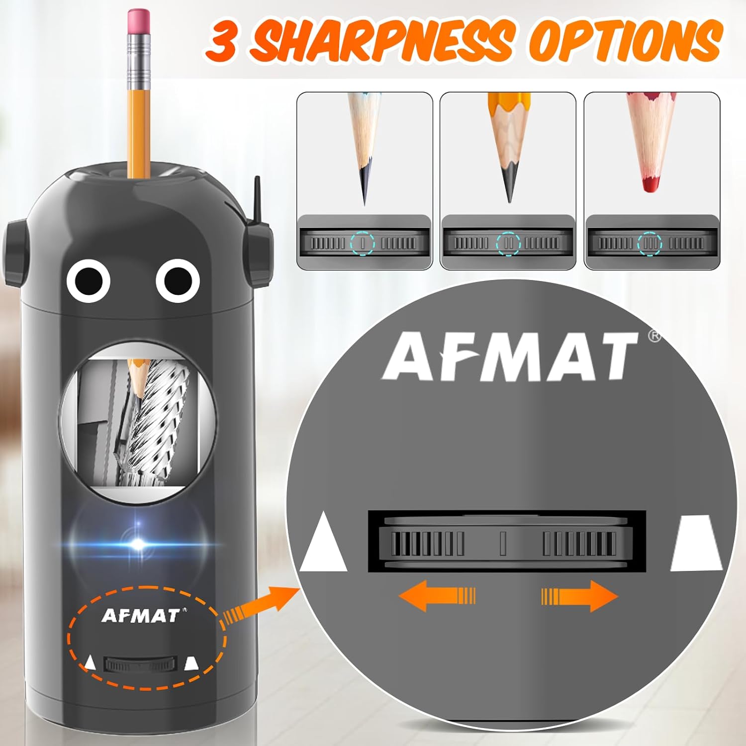 AFMAT Electric Pencil Sharpener showing three sharpness options: sharp, medium, and blunt