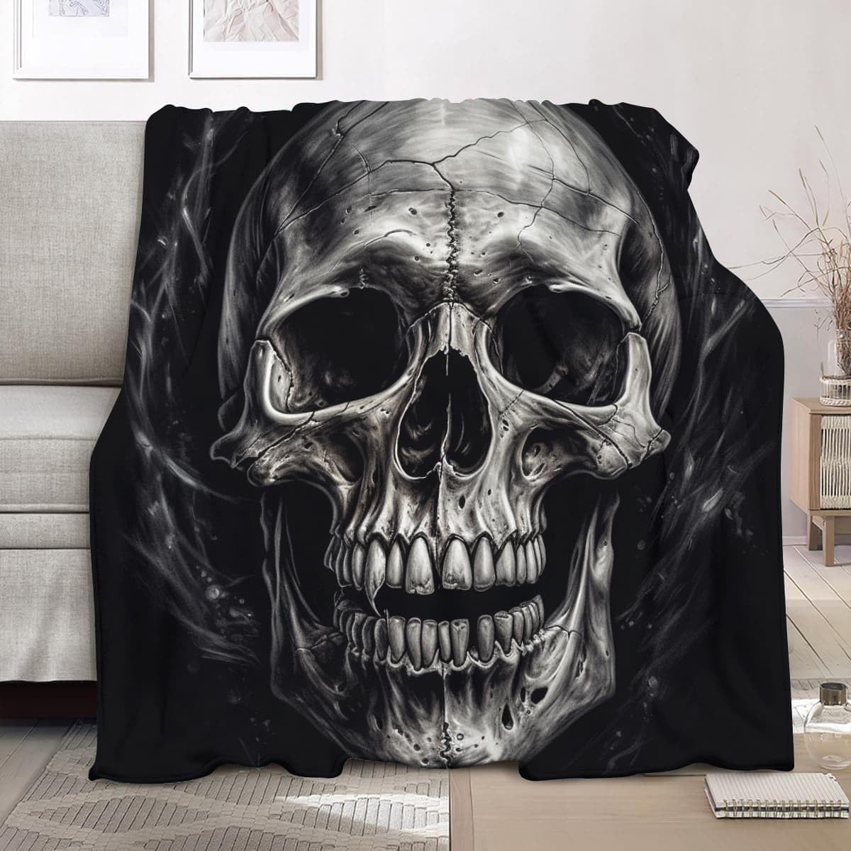 Couverture polaire douce flanelle chaude jeté de canapé noir motif crâne gothique