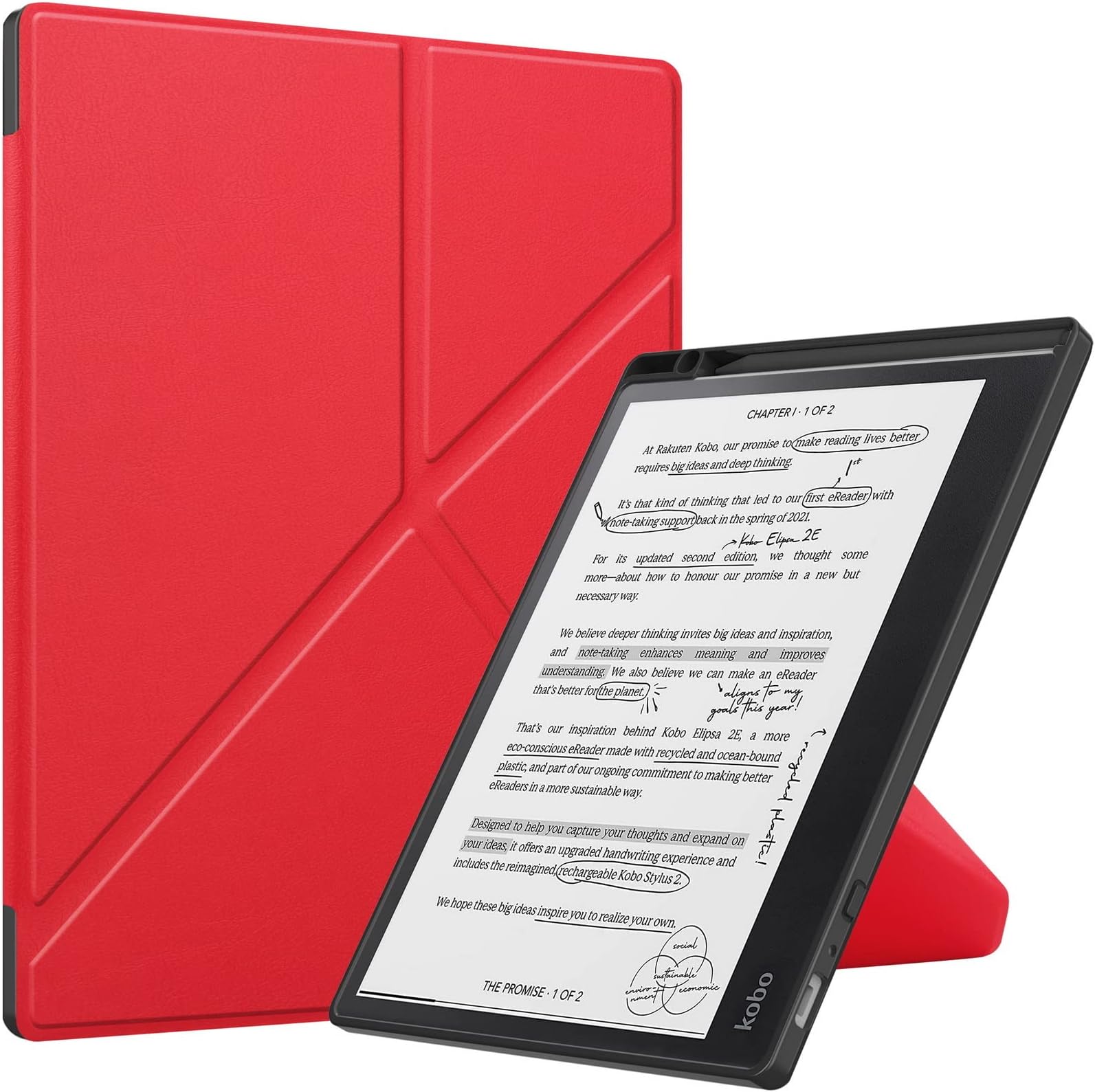 Case for Kobo Elipsa 2E 10.3 inch Released 2023, Soft TPU Matte Back Cover, Smart Folio Shell Origami Protective Cover with Magnetic Closure and Stand Function -Red