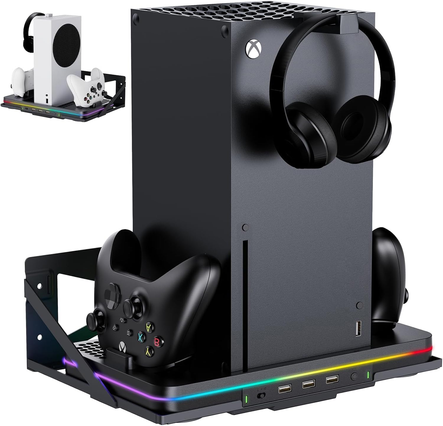 Wall Mount with Cooling Charging Stand for Xbox Series X/S,Vertical Dual Controller Charger Station Compatible Xbox Series X/S Console Accessories with Cooling Fan,3 USB Ports&2 Headset Stand