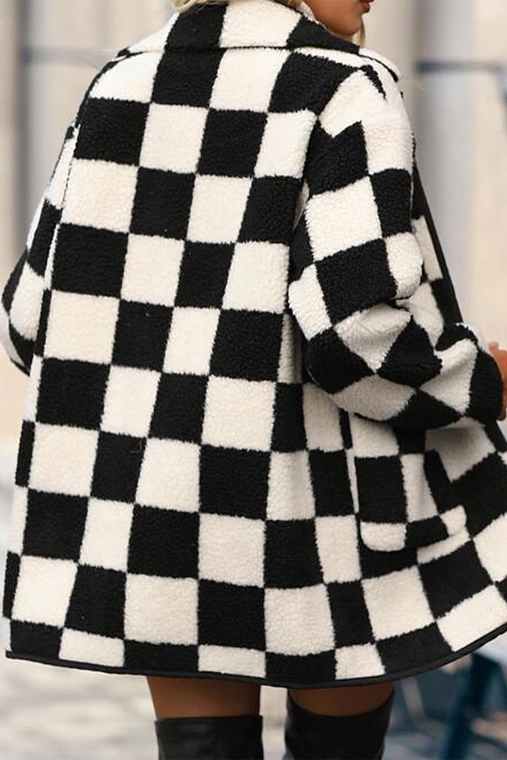 Black Checkered Side Pockets Collared Buttoned Fleece Jacket Black/S / 100% Polyester