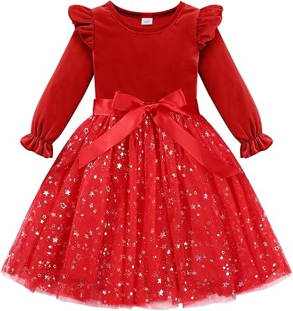 Toddler Girls Tutu Dresses Velvet Tulle Dress with Sequin Long Sleeve Holiday Party Fall Winter Dress 2-7Y