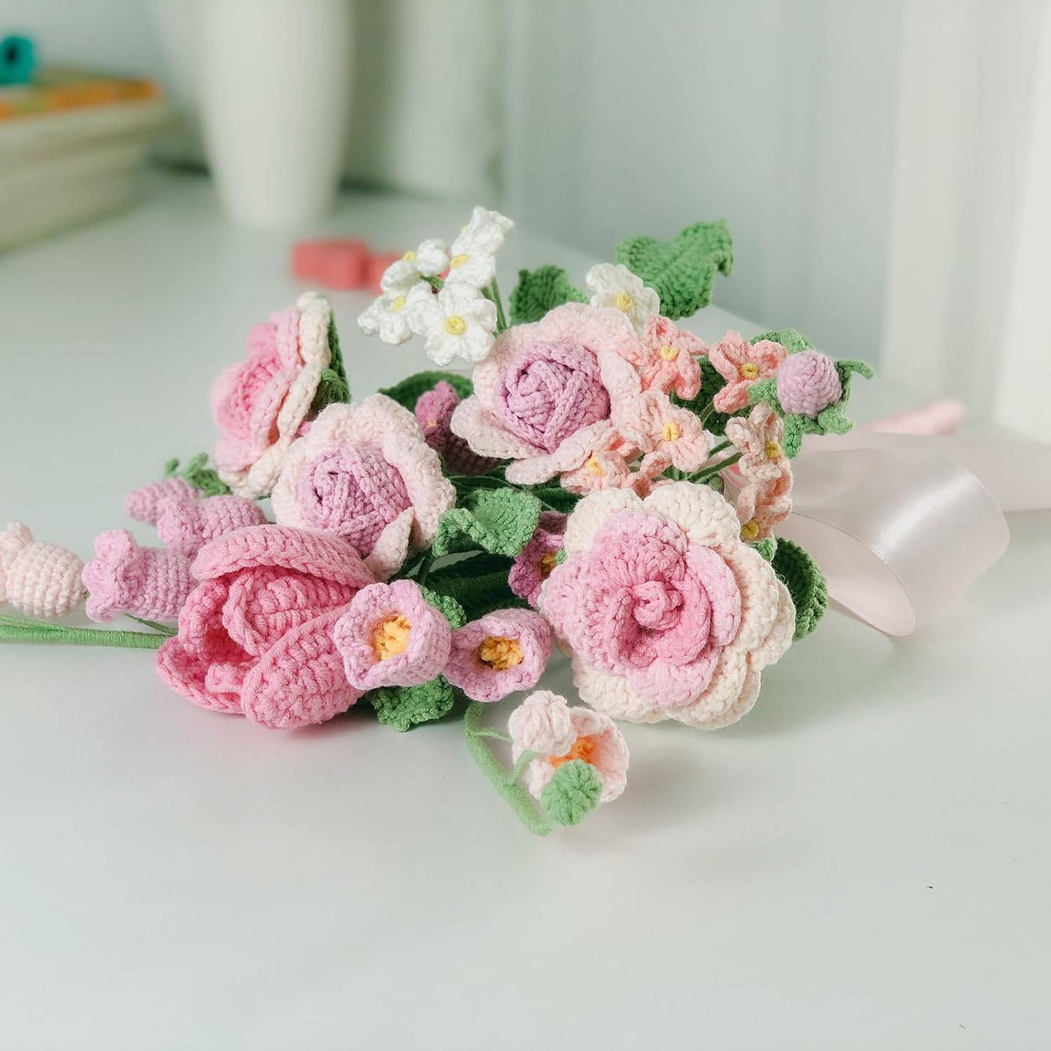 Joekaran Handmade Crochet Flower Bouquet, Artificial Flowers, Gift for Mom Wife Teacher Birthday, Perfect Wedding Bouquet, Home Decor (Pink)