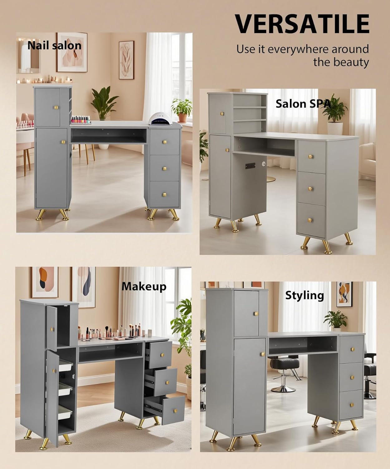 Gray Nail Table for Nail Tech, Nail Desk for Nail Tech, Manicure Table Nail Station for Makeup Beauty Spa Salon, w/2 Hand Rest, Pull-Out Storage Tray, 3-Tiers Shelves, Golden Legs