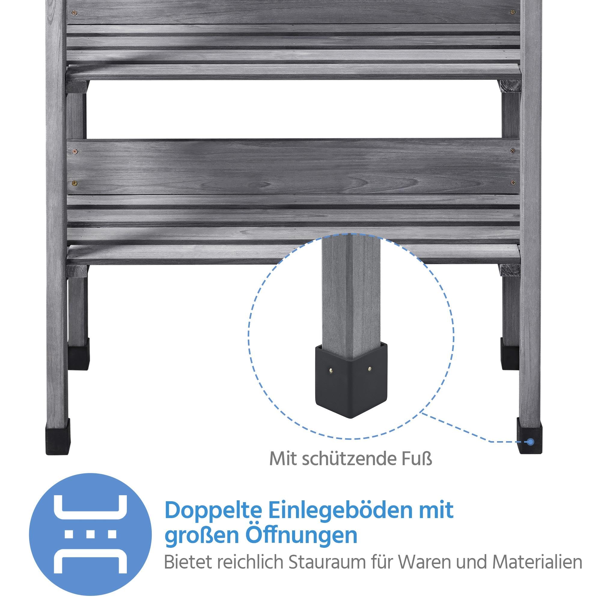 Yaheetech Pflanztisch Outdoor wetterfest, Gärtnertisch 77 x 37 x 90 cm mit verzinkter Arbeitsplatte & 2 Ablagefächer & 3 Haken Blumentisch aus Tannenholz für Garten/Balkon/Terrasse Grau