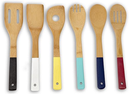 Home Basics Juego de utensilios de cocina de bambú con asas de color, 6 piezas, 2.5 x 12 x .25 pulgadas
