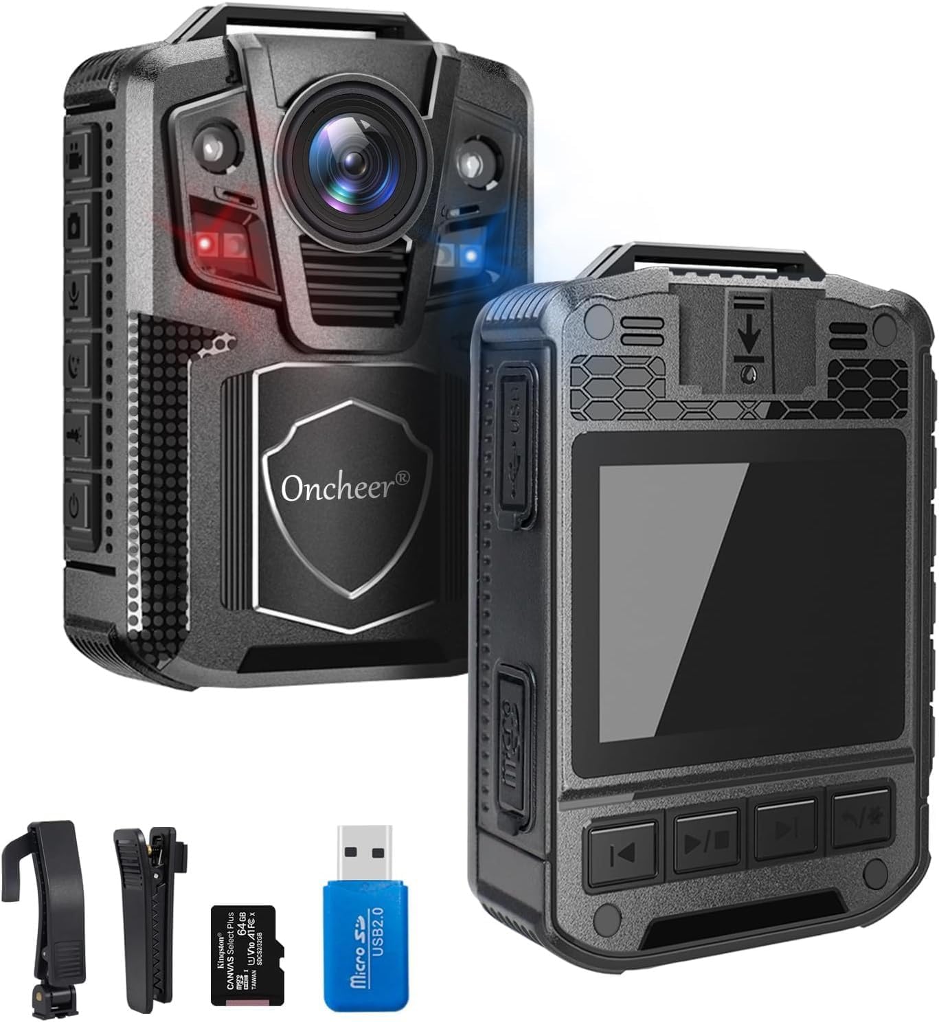 ONCHEER 1080P Patrol Police Infrared Night Vision Body Camera with 64G Kingston SD Card, Shoulder & Waist Clip, Vedio Audio Recorder Bodycam, 24H Record for Law Enforcement Security Outwork
