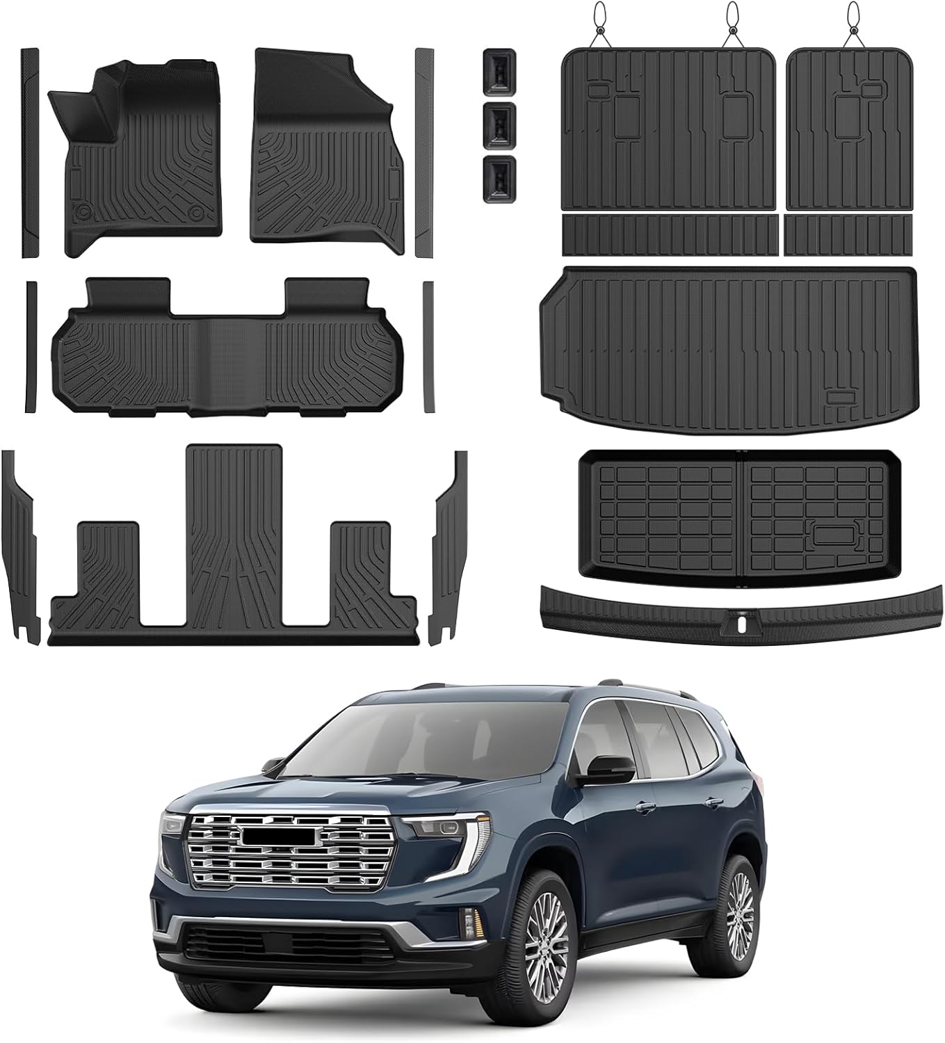 Traverse Floor Mats - Car Mats for Chevy Traverse & GMC Acadia 2024-2026(Only 7 Seats), All Weather Full Set Cargo Trunk Mat with Backrest for Traverse Accessories, Heavy Duty Waterproof, Black