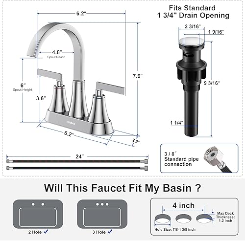 Miniatura 5 de Hurran - Grifo para lavabo de baño, cromado de 4 pulgadas, 3 agujeros con drenaje emergente y líneas de suministro, grifo de cascada giratorio de