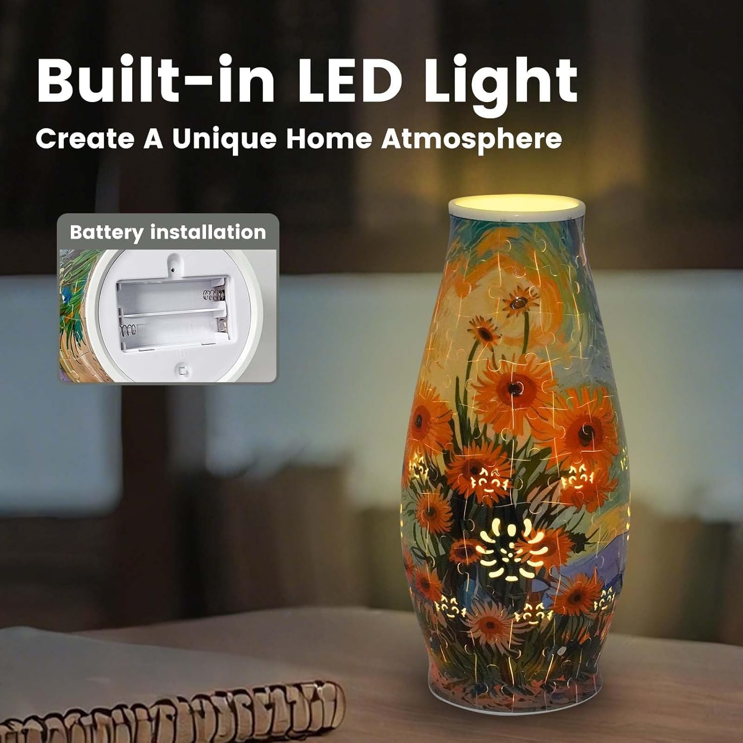 3D Puzzles Vase for Adults, LED 3D Puzzle Vase Sunflowers, Crafts for Adults DIY Unique Vase Gifts for Home Decor Housewarming Christmas Mother's Day