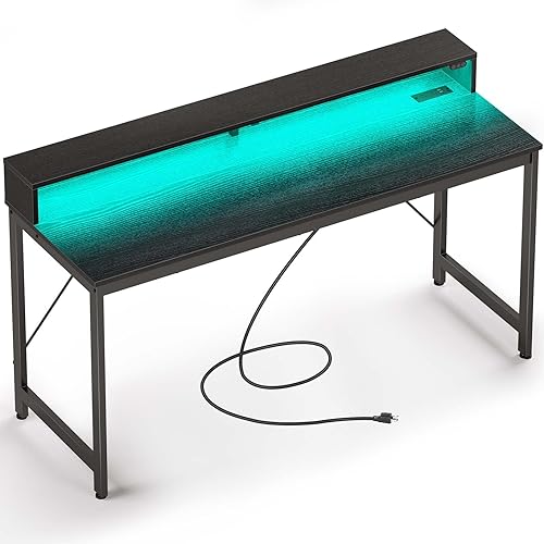Rolanstar Escritorio para computadora de 59 pulgadas con luces LED y tomas de corriente, escritorio de oficina en casa con estante para monitor,
