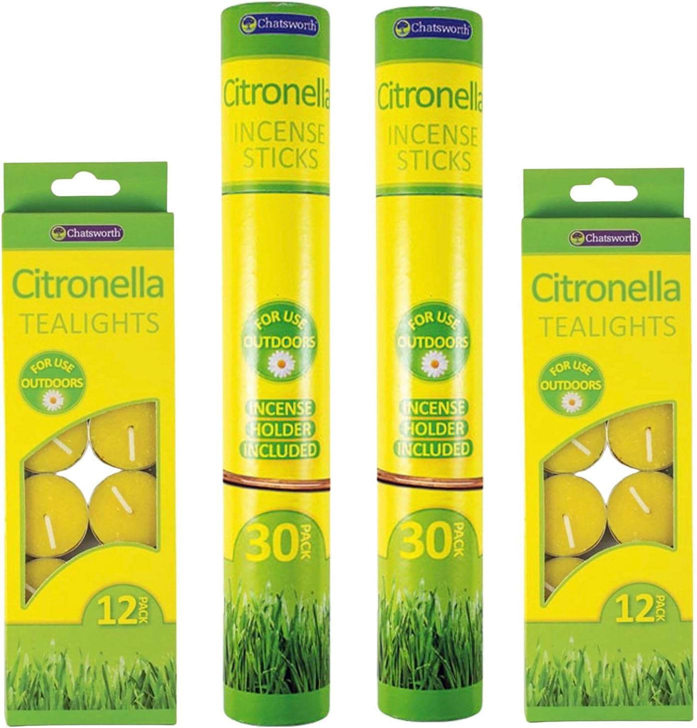 Outdoor Garden Citronella Incense Insect Repellent Sticks (Pack of 2) bundled with Citronella Tealight Candles (Pack of 2).