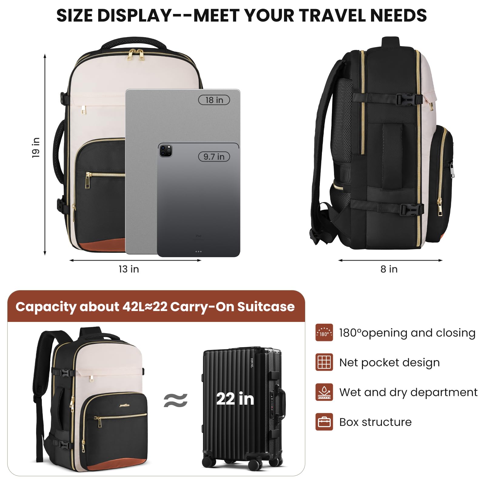 Mochila Cabina Avión para Ryanair,42L Mochila de Viaje de Gran Capacidad con Compartimento para Portátil de 17.3", Set de 5 Piezas y Bolsillo Húmedo, Equipaje de Mano para Mujer