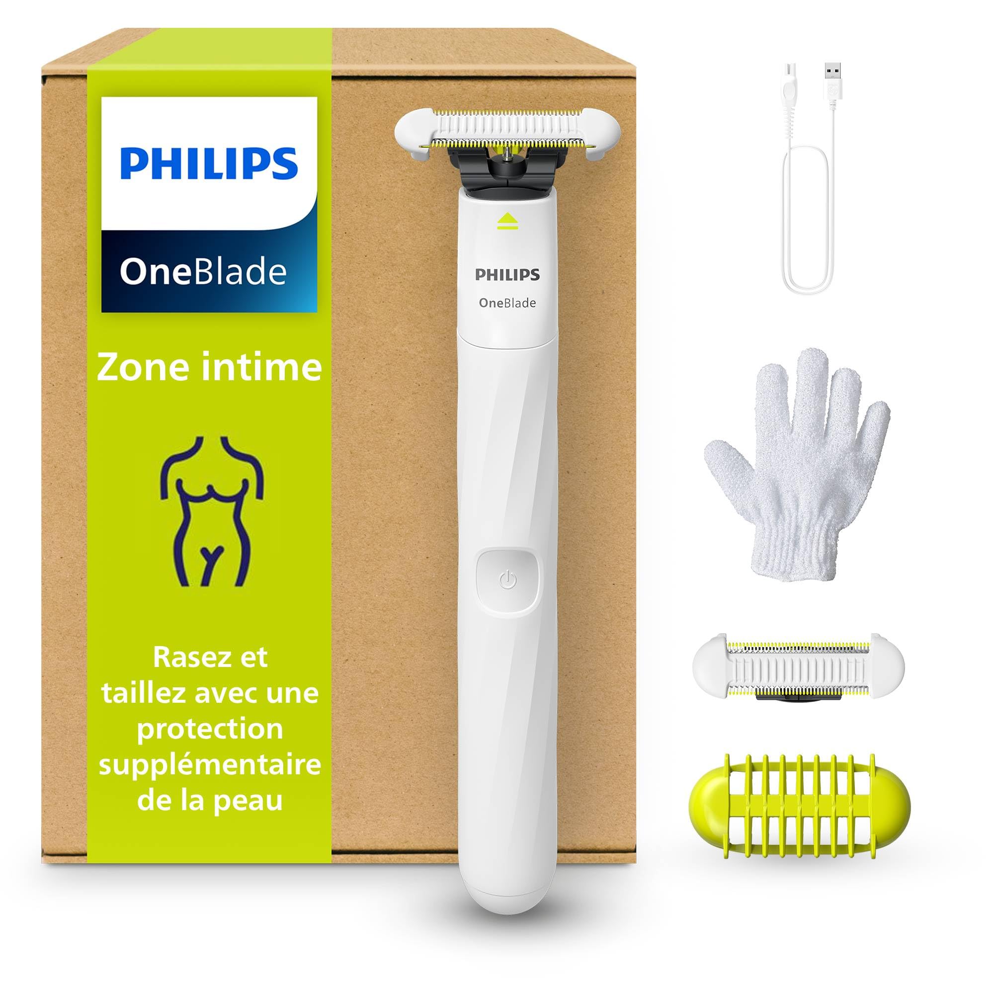 Philips OneBlade Intimate, rasage intime, tailler et raser avec protection cutanée supplémentaire, Rasage proche et confortable - pas complètement nu, modèle QP1924/28