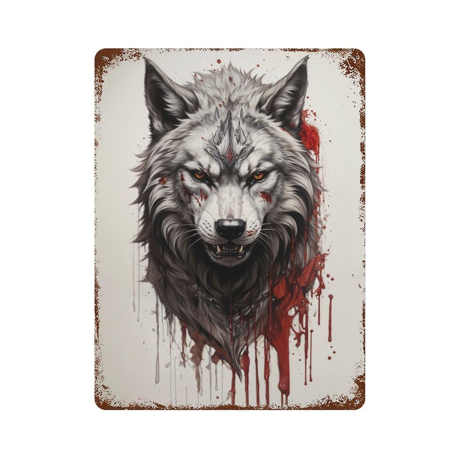Rustic Tin Plaque with Blood Wolf Design 15.7"x11.8", for Pub, Kitchen And Man Cave Decor, Old School Wall Decor