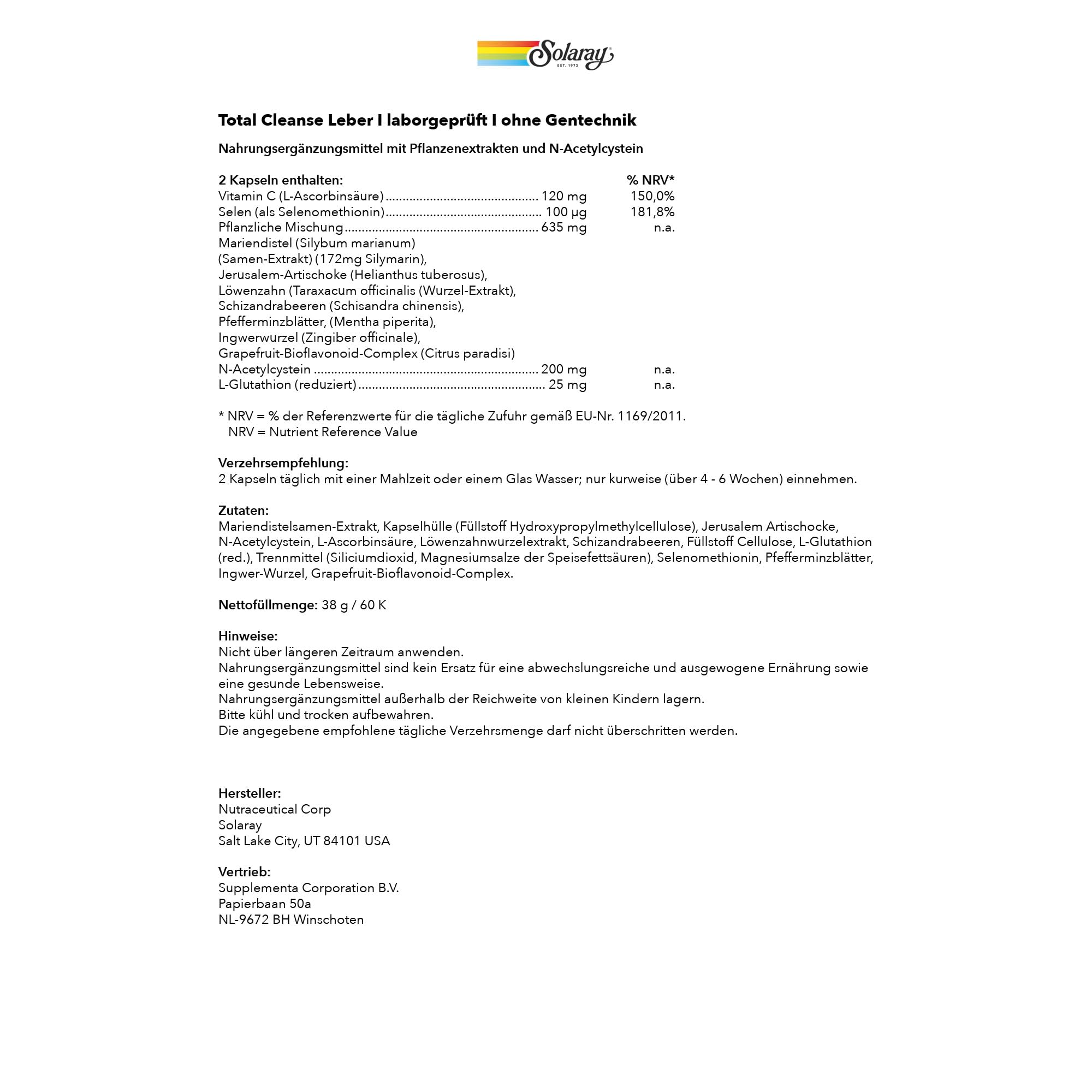 Solaray Total Cleanse Leber | 60 Kapseln | laborgeprüft | Nahrungsergänzungsmittel mit Vitaminen, Pflanzenextrakten, Aminosäuren, Selen & Vitamin C | Kur zur Unterstützung der Leber