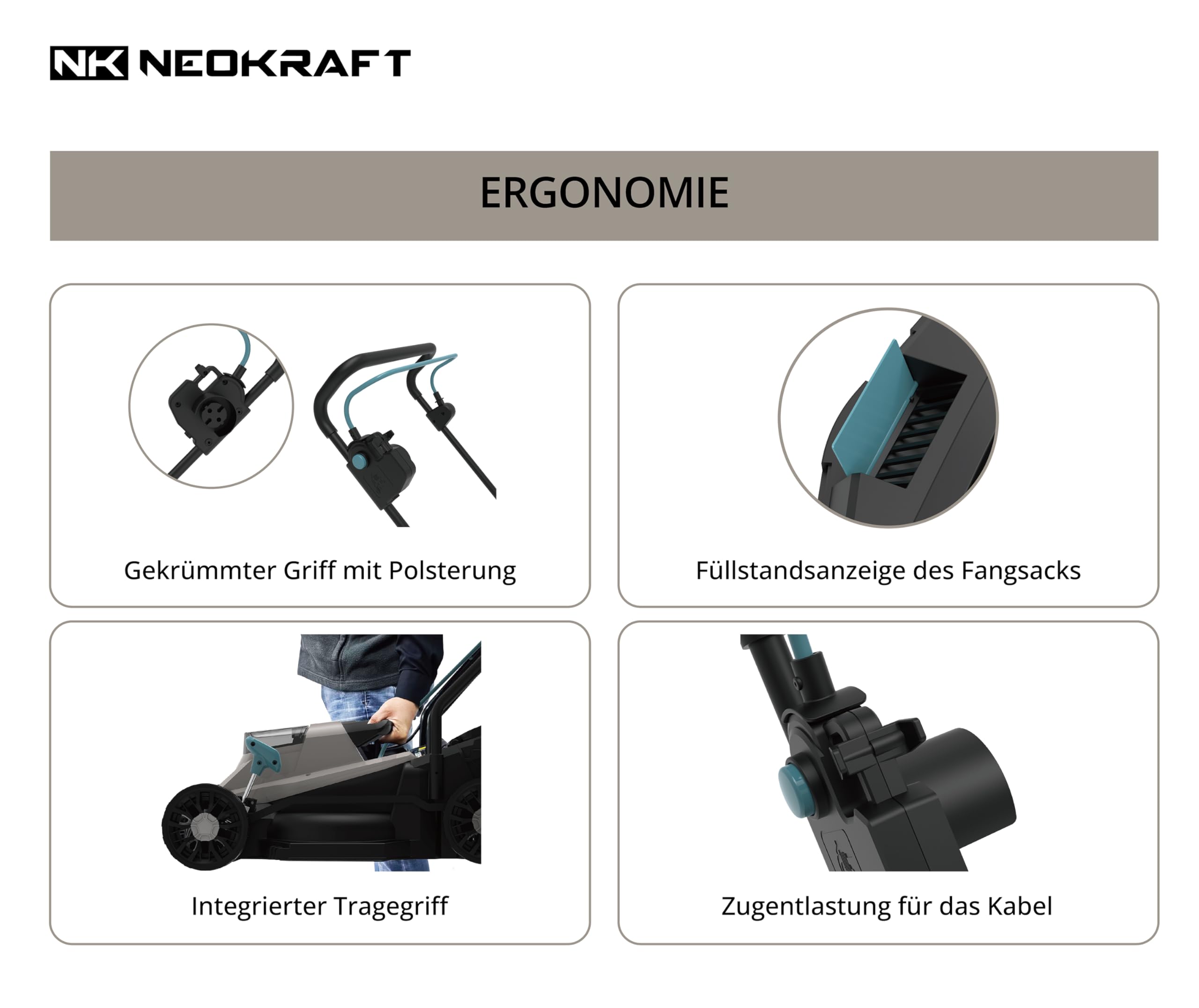 NeoKraft Elektro-Rasenmäher 1300W – 33 cm Schnittbreite – Elektrischer Mäher mit 30L Fangkorb & 6-facher Schnitthöhenverstellung – Kompakt & Leistungsstark - Rasenmäher - Gartenmäher