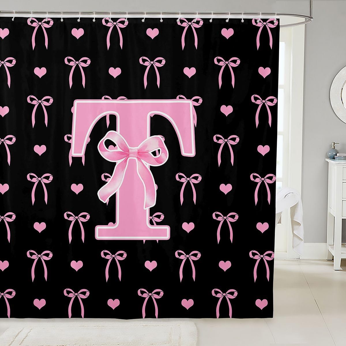Feelyou Bow Shower Curtain for Bathroom Decor Black Pink Bow Bath Curtain for Stalls Bathtubs Bowknot Bathroom Accessories Kawaii Waterproof Polyester Fabric with 12 Hooks 72"x72"