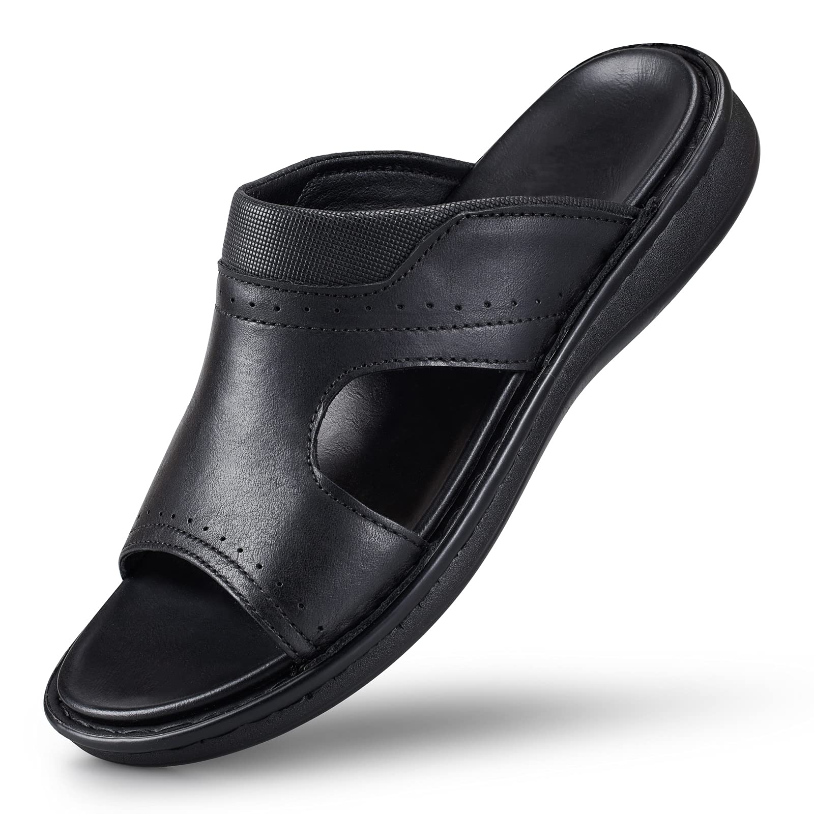 FIEEIFMens Genuine Leather Slide Sandals Open Toe Comfort Arch Support Casual Summer Outdoor Flip Flops for Men black Size: 12