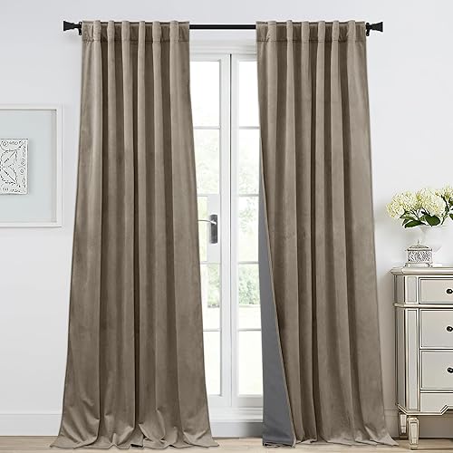 Miniatura 2 de StangH Cortinas opacas de terciopelo para sala de estar, color beige camello, pestaña trasera de lujo con cinturón de gancho, paneles de puerta