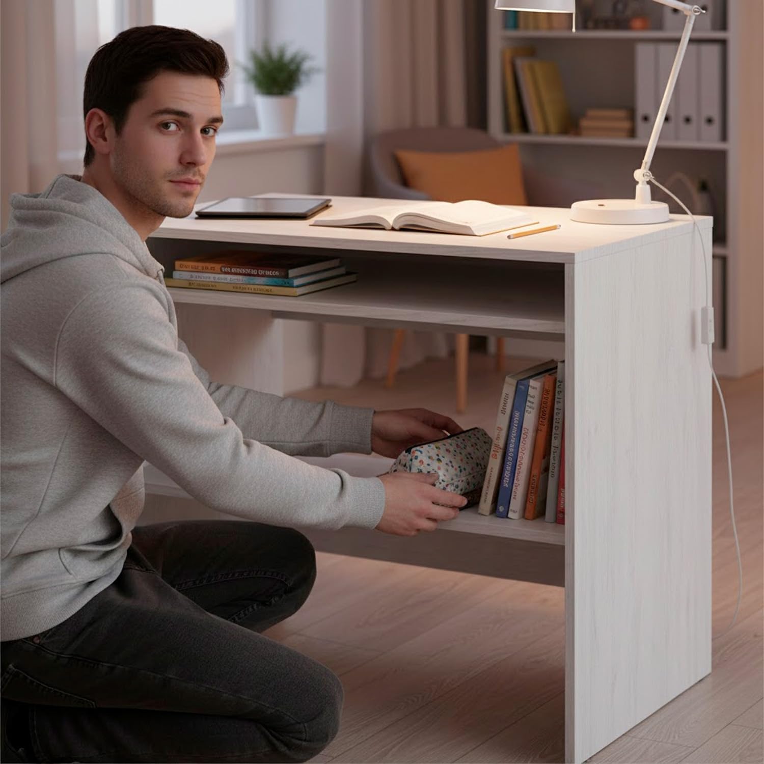 Arreditaly Scrivania Da Studio Compatto Tavolo Con Vano Portaoggetti Integrato Design Moderno Per Home Office Cameretta E Smart Working 79 x 43 x 78 Cm Bianco Frassino