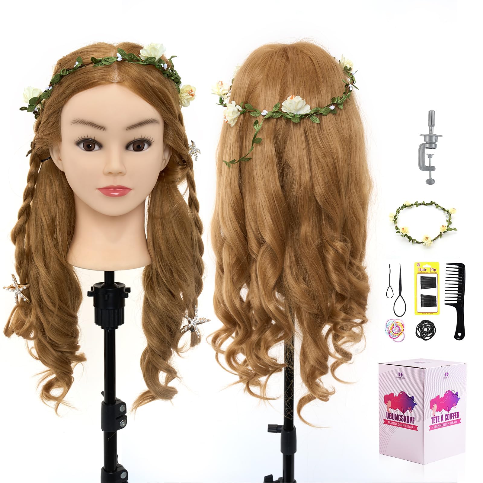 Neverland 26" Frisierkopf Friseur 60% Echthaar Haar Übungskopf Puppenkopf Friseurkopf Ausbildung Kopf Mit Halter + Hair Styling Braid Set #27