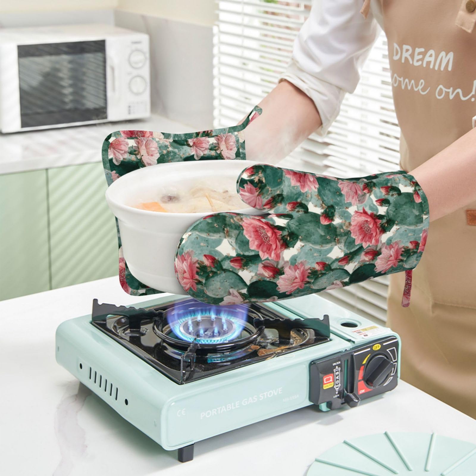 Manoplas de horno y soportes para ollas con diseño de flores de cactus bohemio, 4 unidades