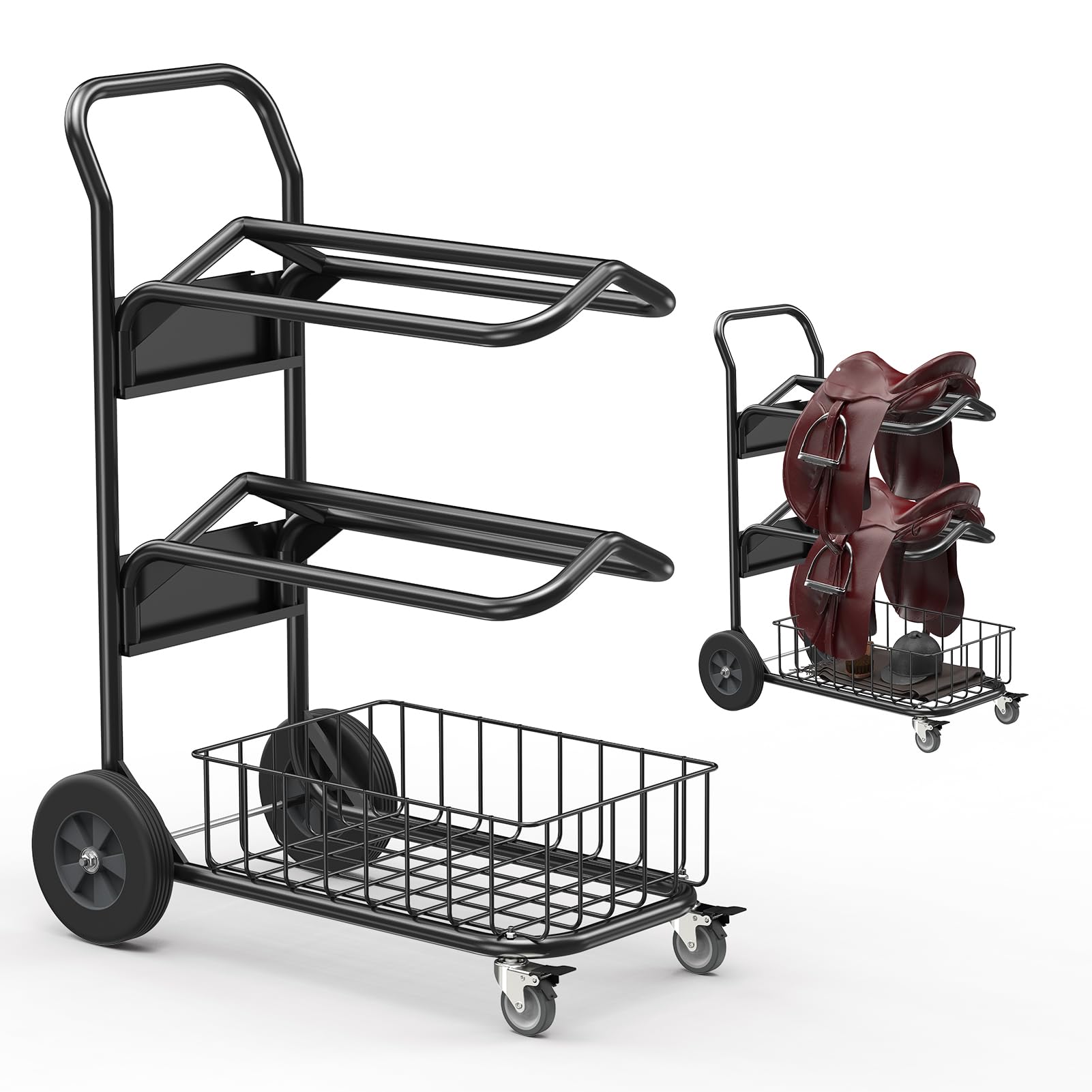 Heavy Duty Rolling Saddle Rack Cart with Basket, Horse Tack Dolly Saddle Stand Foldable Show Cart for Western & English Saddles, Bridles, Helmets, Horse Gear Storage