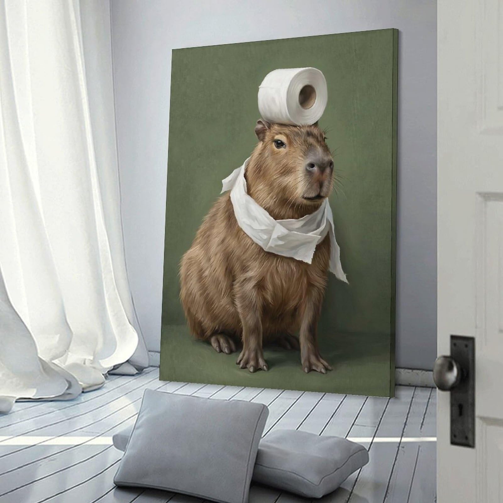 Junmoney Wall Decor Canvas Print Capybara with Toilet Paper, 24x36inch(60x90cm), for Study, Office Or Apartment Decor, Canvas Artwork with Gifting Potential