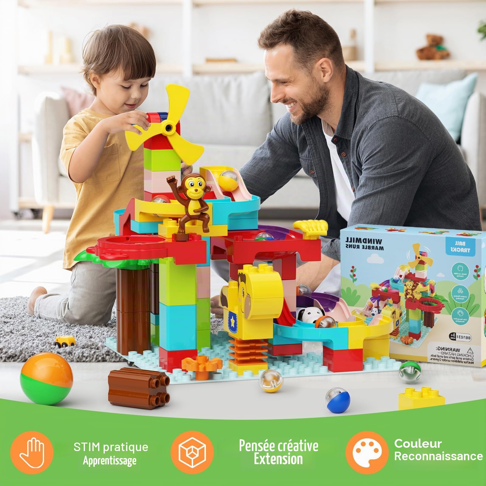 Piste de Billes Blocs Enfants Jouets STEM, 3 en 1 Jeu de Construction de Piste de Billes pour Enfants 88 Pcs Grands Blocs Ball Race Jouets éducatifs Jouets d'anniversaire pour garçons Filles 3+ Ans