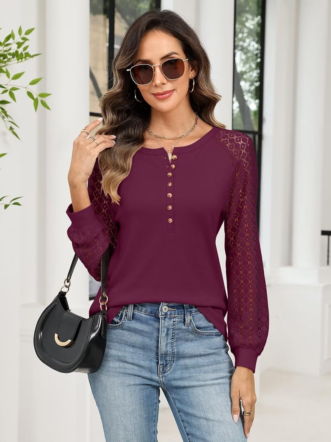 Women's Lace Long Sleeve Shirts Henley Crewneck Tops Business Casual Fall Blouses - Image 5