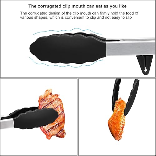 Miniatura 4 de Juego de pinzas de cocina de acero inoxidable 4 en 1 para cocinar con puntas de silicona, tostadora de bistec, pizza, pasta, espagueti, fideos,