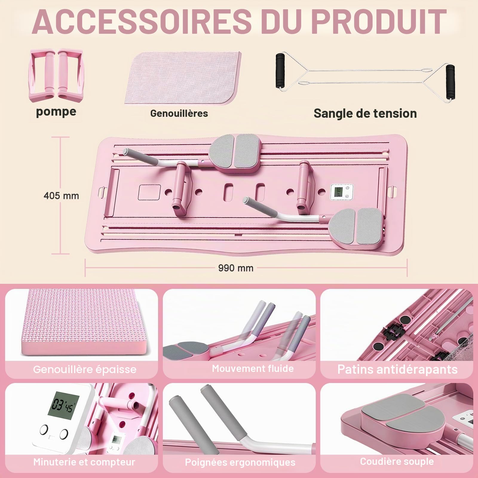 Roadtime Reformateur Pilates 6 en 1 Amélioré Pliable Ensemble et minuteur,Compact de Plateau Pilates pour la Protection des Genoux et Entraîneur Multifonctionnel,Planche Abdominale avec Rebond Rose