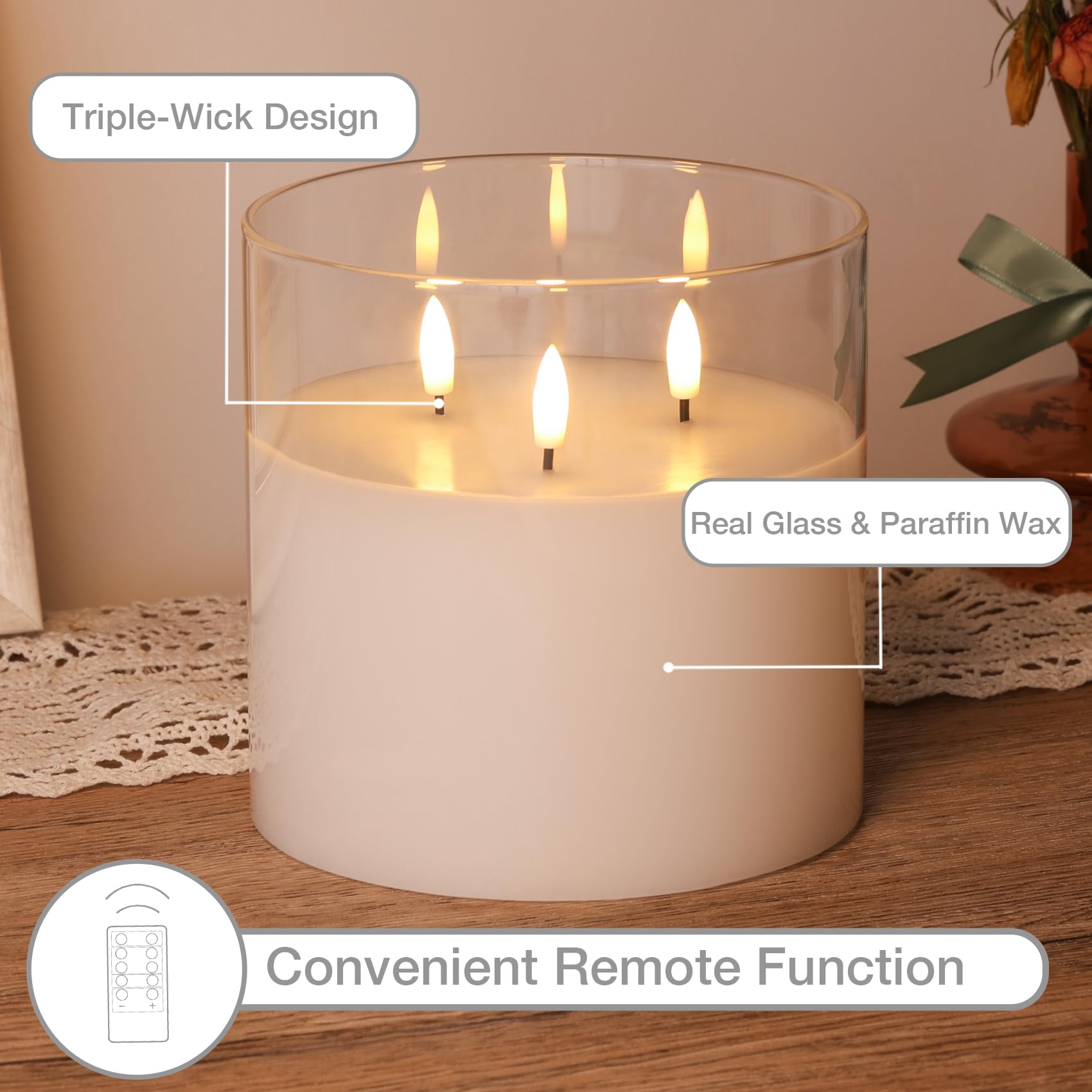 Amazon.com: Eywamage 3 Wick Clear Glass Flameless Candle with