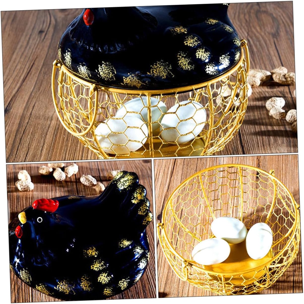 Iron Art Egg Basket Chicken Shape with Lid, Black and Gold Food Storage Basket for Kitchen Countertop Egg Holder and Organizer