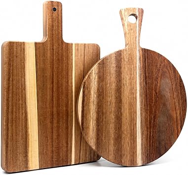 Acacia Wood Cutting Boards with Handle Set of 2, Charcuterie Boards for Cheese, Pizza, Bread, Steak & Appetizers, Round & Rectangle Decorative Serving Boards