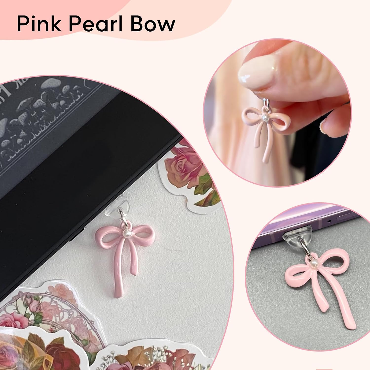 sunla 4Pcs Charms for Kindle, Pink Bow Dust Plug Charm Compatible with E-Reader, Phone, Ipad with Type C/USB C Charging Port-CP001