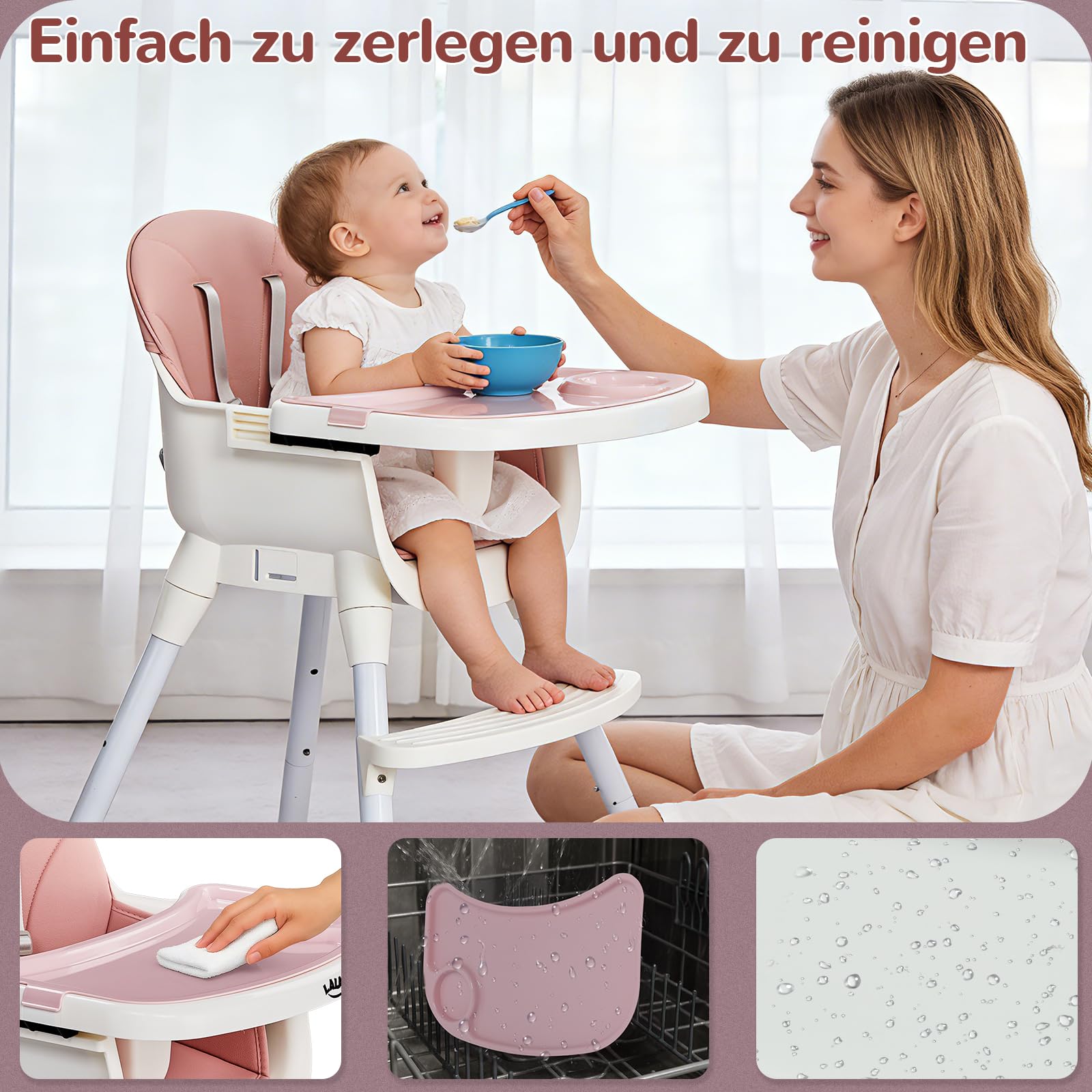 LEADZM 3 in 1 Babyhochstuhl, Verstellbar zum niedrigen Kinderhocker, Abnehmbares Doppeltablett, Mit 5-Punkt-Sicherheitsgurt, Maximale Belastung 15 kg, Geeignet für Babys von 6 bis 36 Monaten (Rosa)