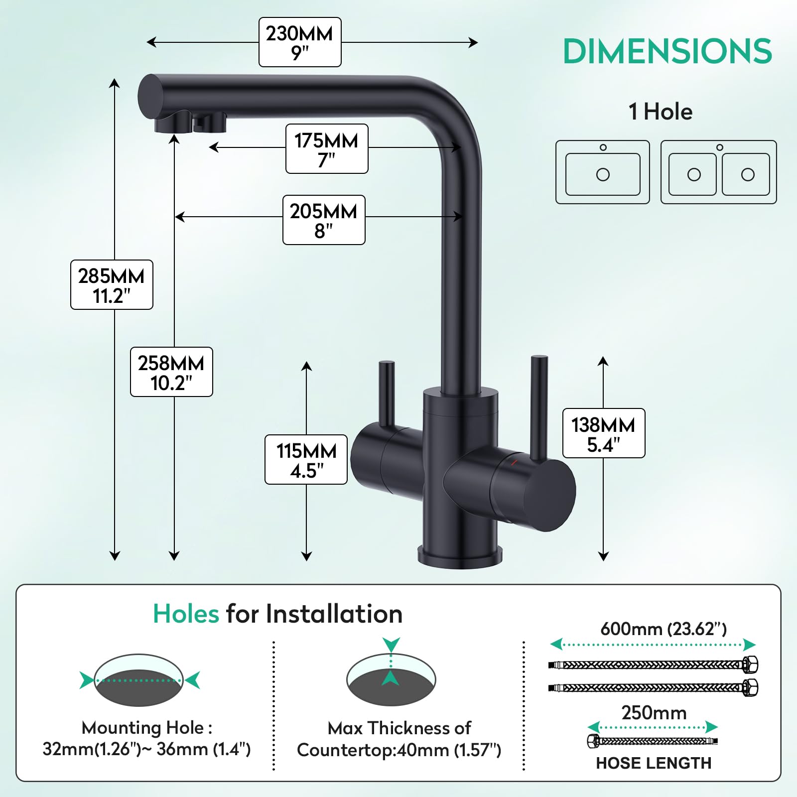 CREA Grifo Cocina 3 Vías, Grifo Osmosis con 2 Palancas,Negro Mate | Grifo Mezclador 3 en 1 Para Filtro De Agua, Fregadero con Agua Fría y Caliente y Agua Filtrada, gHiratorio 360°