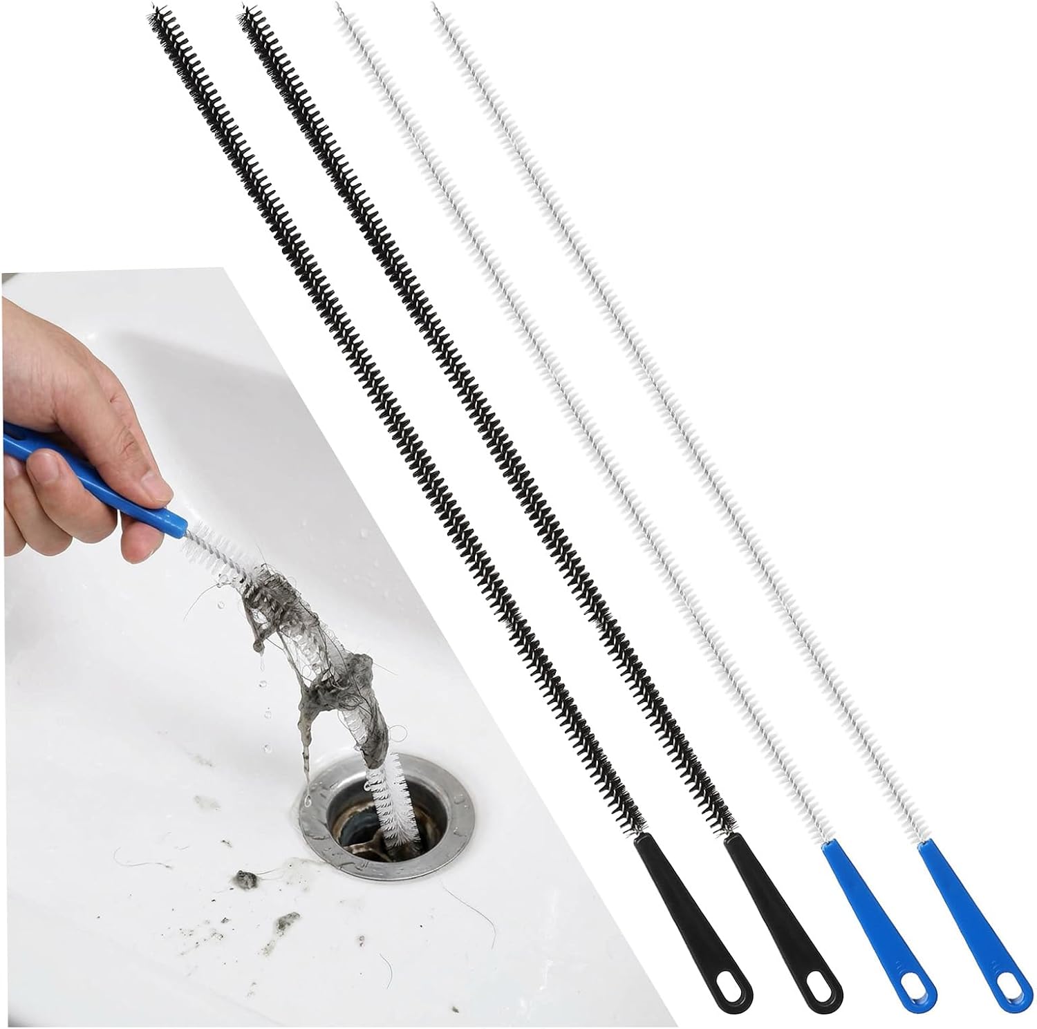 4Pcs Drain Hair Remover Tool, Flexible Long Pipe Cleaner Drain Brush, Long Drains Cleaning Brush for Hair Clogs, Kitchen Sink, Bathroom Tub, Shower